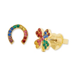 Gold-Tone Multicolor Pave Horseshoe & Clover Mismatch Stud Earrings