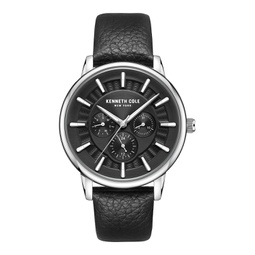 Mens Multifunction Dress Sport Black Genuine Leather Watch 42mm