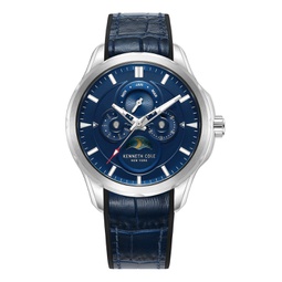 Mens Multifunction Dress Sport Blue Genuine Leather Watch 42mm