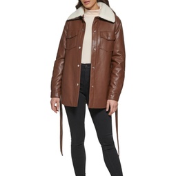 Faux Leather & Faux Shearling Belted Shirt Jacket