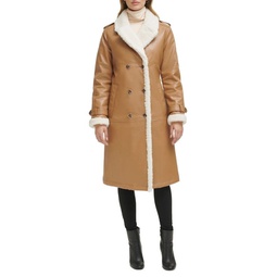 Faux Shearling Trim Double Breasted Coat
