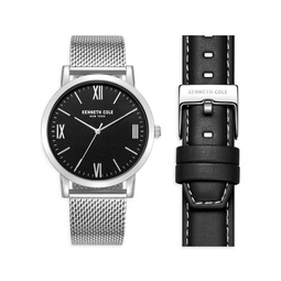 Classic 42MM Stainless Steel & Leather Watch Gift Set