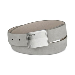 Mens Faux-Leather Logo Plaque-Buckle Belt