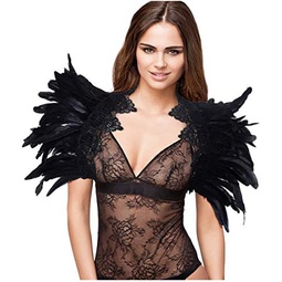 LVOW Black Feather Shrug Cape Shoulder Wrap Lace Collar Halloween Costumes for Women