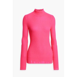 Distressed neon ribbed cashmere turtleneck sweater
