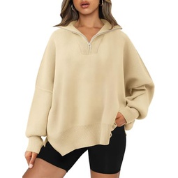 LILLUSORY Womens Oversized Sweaters 2023 Fall Zipper Collared Drop Shoulder Tunic Pullover Split Hem Knit Sweater Tops