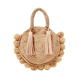Circle leather-trimmed embellished straw tote