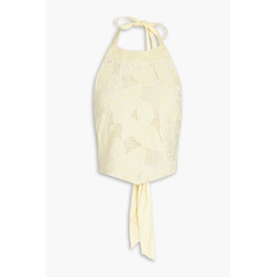 Omi cropped broderie anglaise-paneled macrame lace halterneck top