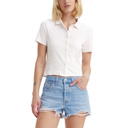 Womens Suki Cotton Stripe-Print Button-Front Polo Shirt