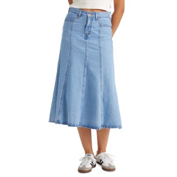 Womens Cotton Paneled Denim Midi Skirt
