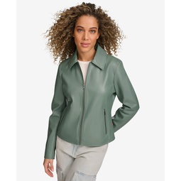 Womens Faux Leather Laydown Collar Jacket