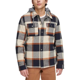 Mens Levis Washed Cotton Shirt Jacket with A Jersey Hood and Sherpa Lining