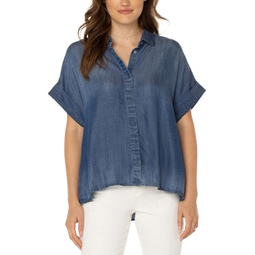 Womens Liverpool Los Angeles Collared Camp Shirt with High-Low Hem