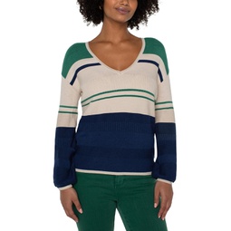 Womens Liverpool Los Angeles V-Neck Blouson Sweater with Color Blocking