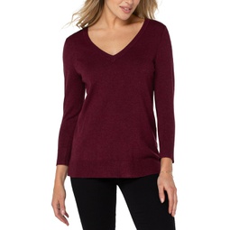 Womens Liverpool Los Angeles 3/4 Sleeve V-Neck Sweater with Pique
