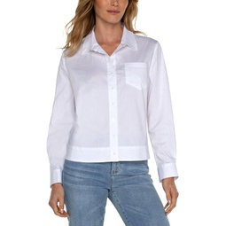 Womens Liverpool Los Angeles Button Front Stretch Poplin Shirt with Elastic Back Waist