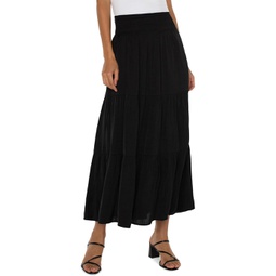 Womens Liverpool Los Angeles Tiered Woven Sateen Maxi Skirt with Smocked Waist