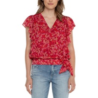 Liverpool Los Angeles Ruffle Sleeve Draped Front Chiffon Top with Waist Tie