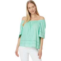 Liverpool Los Angeles Cropped Bell Sleeve Woven Top with Lace Trim