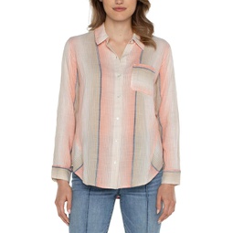 Womens Liverpool Los Angeles Button Front Shirt with 3/4 Sleeve Ombre Woven Stripe