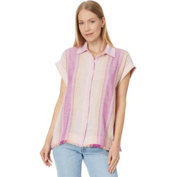 Womens Liverpool Los Angeles Collared Camp Shirt with Hi-Low Hem and Fray Hem