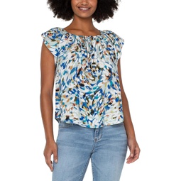 Womens Liverpool Los Angeles Petal Sleeve Woven Top with Neck Ties