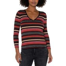 Liverpool Los Angeles 3/4 Sleeve V-Neck Knit Top with Contrast
