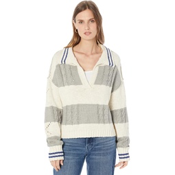 Womens Lucky Brand Cable Stitch Collared Stripe Sweater
