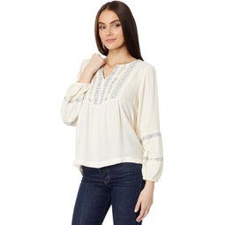 Womens Lucky Brand Geo Embroidered Babydoll Top