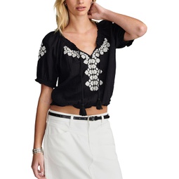 Lucky Brand Short Sleeve Geo Embroidered Peasant Top