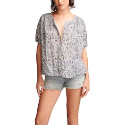 Womens Lucky Brand Printed Smocked Shoulder Blouse