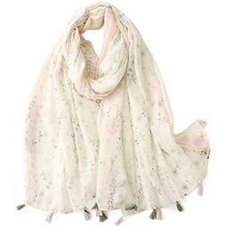 LumiSyne Voile Scarf Women Flower Plant Printed Geometric Pattern Two-Color Tassel Lightweight Sheer Shawl Long Wrap Stole
