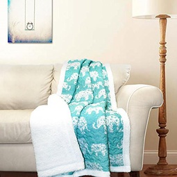 Lush Decor Elephant Parade Fuzzy Reversible Sherpa Throw Blanket, 60” x 50”, White & Aqua