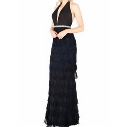 halter with fringe skirt gown in black