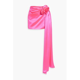 Draped floral-appliqued silk-satin mini skirt