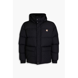 Logo-appliqued quilted shell hooded down jacket