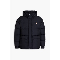 Logo-appliqued quilted shell hooded down jacket