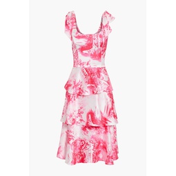Bow-embellished tiered printed satin dress