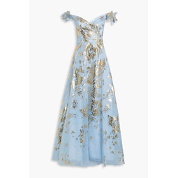 Floral-appliqued metallic floral-print taffeta gown