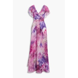 Ruffled bow-embellished floral-print chiffon gown