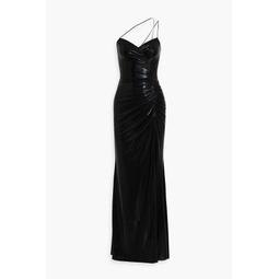 Ruched coated stretch-jersey gown