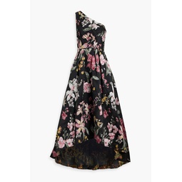 One-shoulder pleated brocade gown