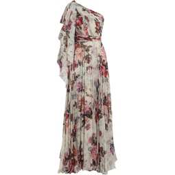 One-shoulder pleated floral-print chiffon gown