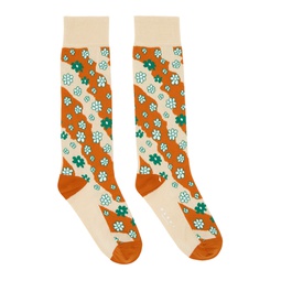 Beige   Orange Stripy Flowers Socks 231379M220009