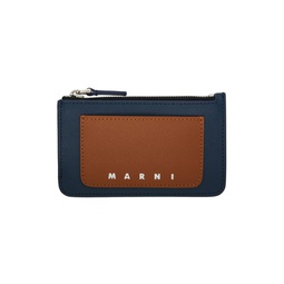 Navy   Brown Saffiano Leather Card Holder 241379M163008