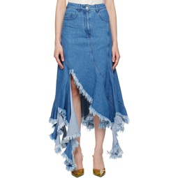 Blue Frayed Denim Midi Skirt 241714F092000