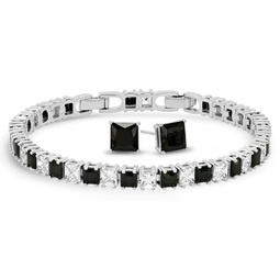 silver plated black white cubic zirconia princess tennis bracelet & earrings set