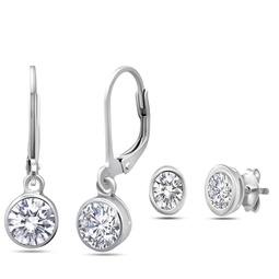sterling silver round bezel cubic zirconia stud and lever back earring