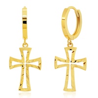 14k yellow gold small huggie hoop earrings with diamond cut cross