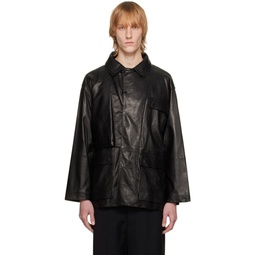 Black Double Collar Leather Jacket 222699M181000